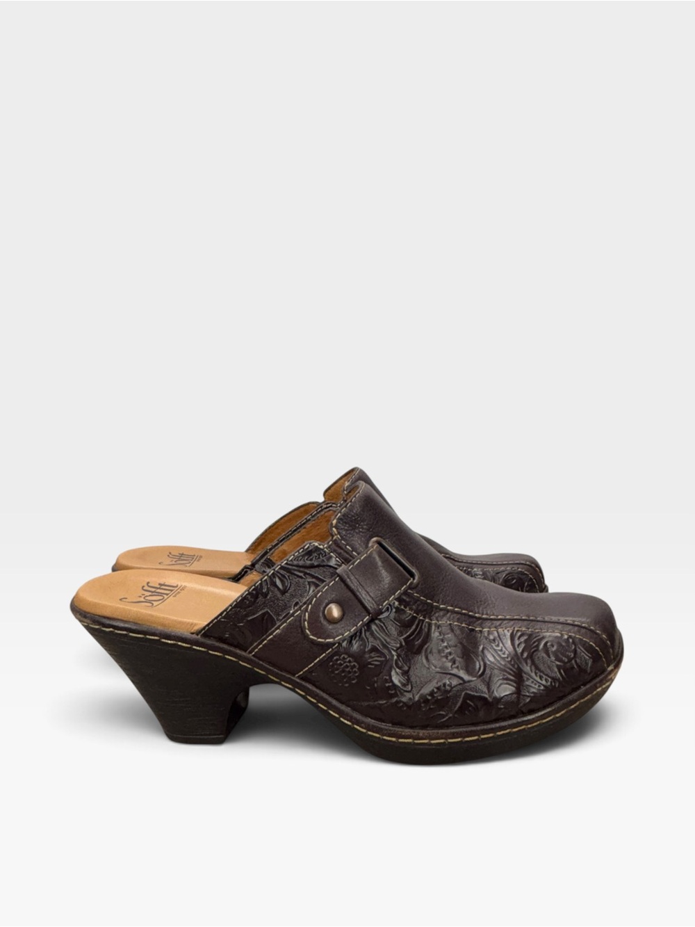 Sofft Womens 9M Brown Leather Floral Tooling Clogs Mules Chunky Heel Shoes